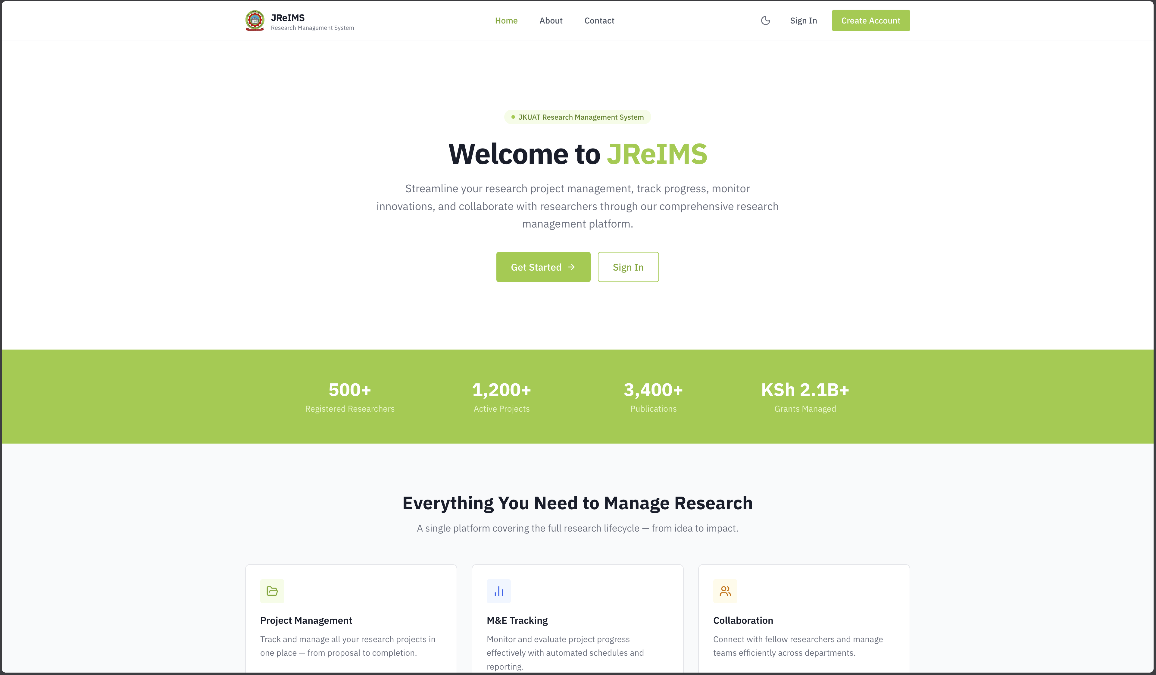 Screenshot of JREIMS Research Management Portal